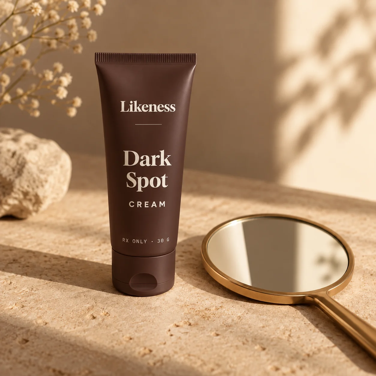 Dark Spot Cream tube beside a hand mirror in morning light